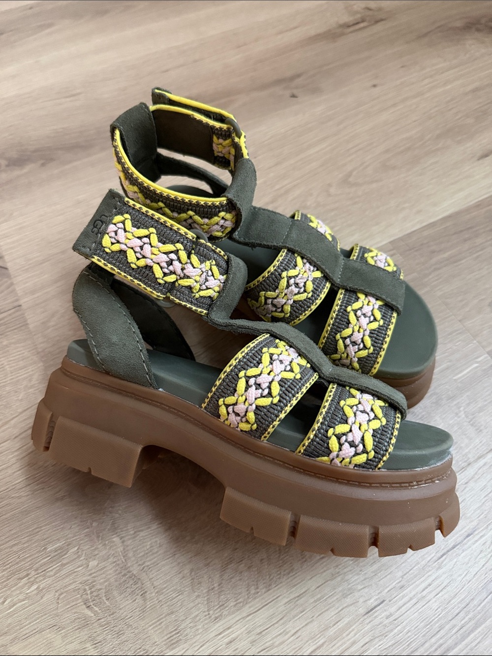 Ugg Chunky Platform Braided Strap Sandals in Olive and Yellow